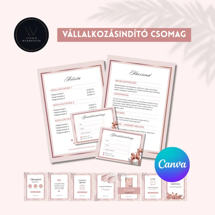 Canva sabloncsomag kezdő vállalkozóknak – árlista, házirend, ajándékutalvány + social media